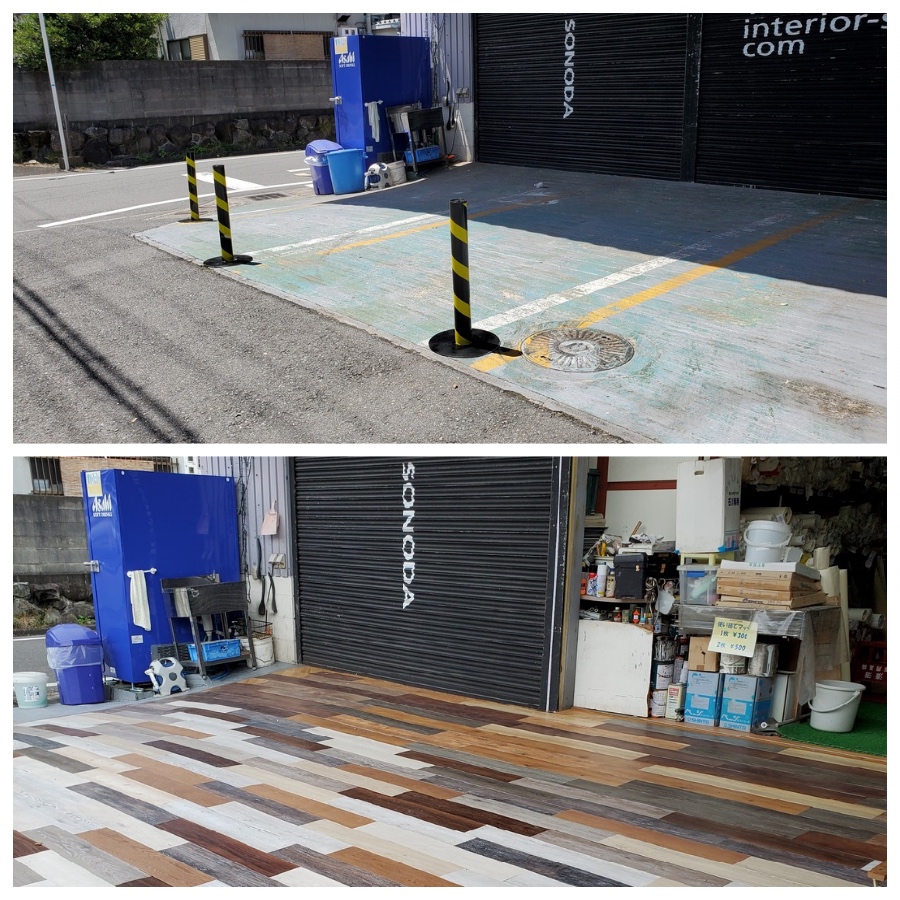 倉庫前ウッドタイル貼り