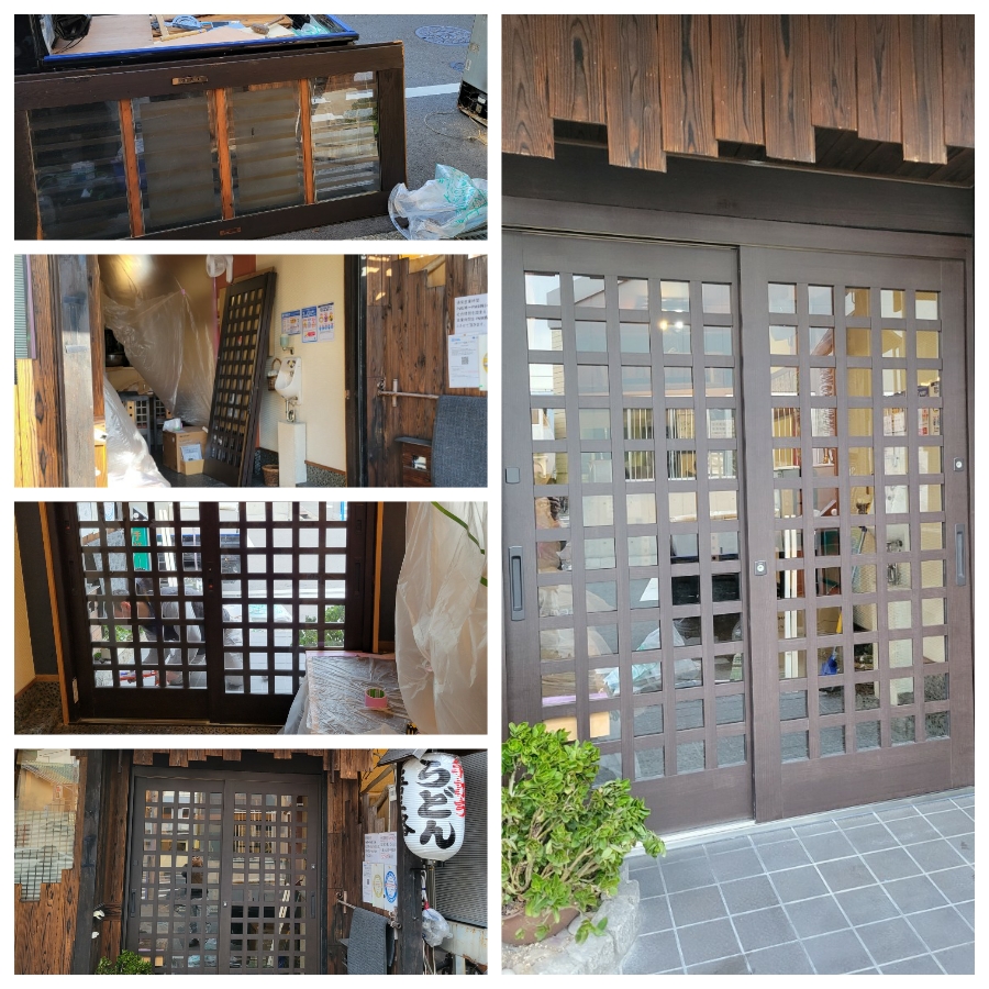 手打ちうどん吾三路ドア入替工事の様子